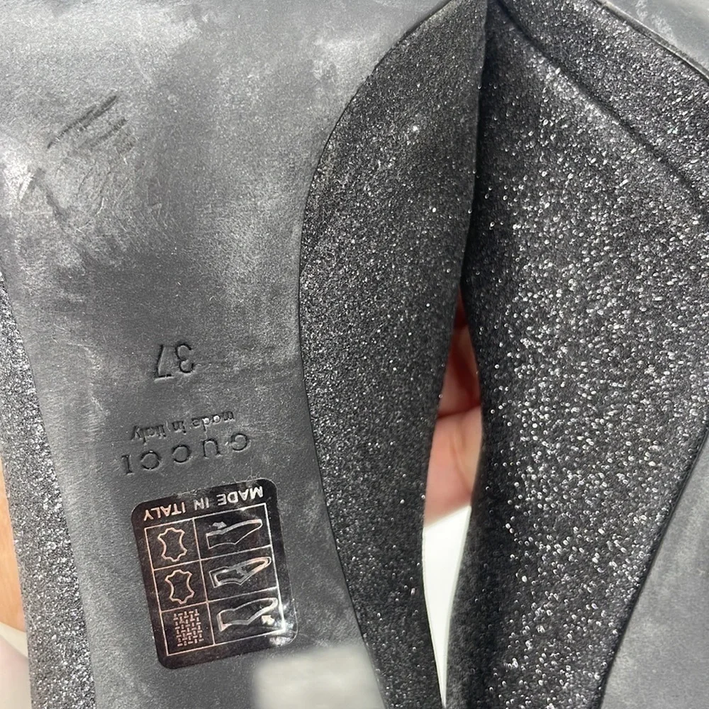 Gucci Black Leather silver glitter peep toe horsebit pumps 37